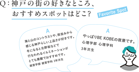 Q：神戸の街の好きなところ、おすすめスポットはどこ？A:海と山のコントラストや、街並みから感じる神戸らしい上品さが好きです。冬になると北野坂などで行なわれるイルミネーションがとても素敵でおすすめです。経営学部 経営学科 3年次生A:やっぱりBE KOBEの夜景です。心理学部 心理学科 3年次生